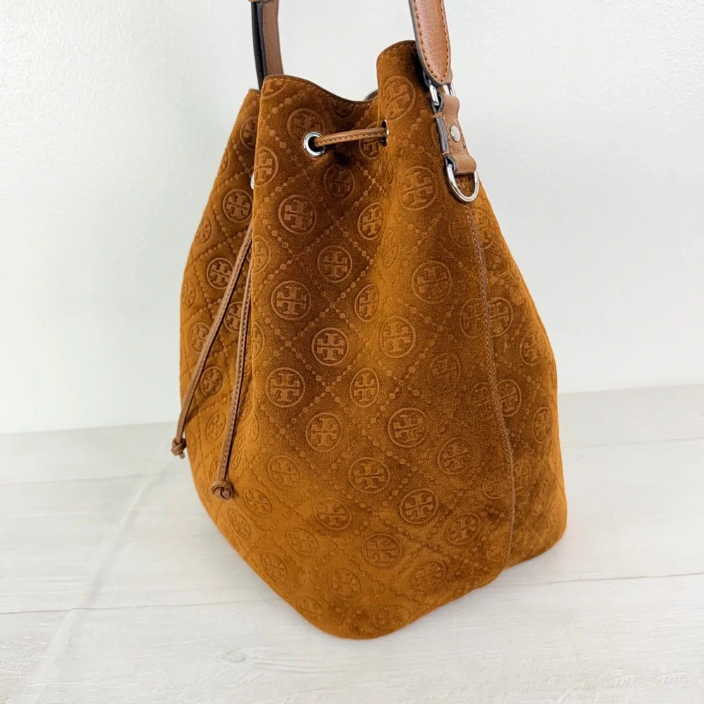 NWT Tory Burch T Monogram Suede Oversized Bucket Bag OS Chicory Brown Drawstring